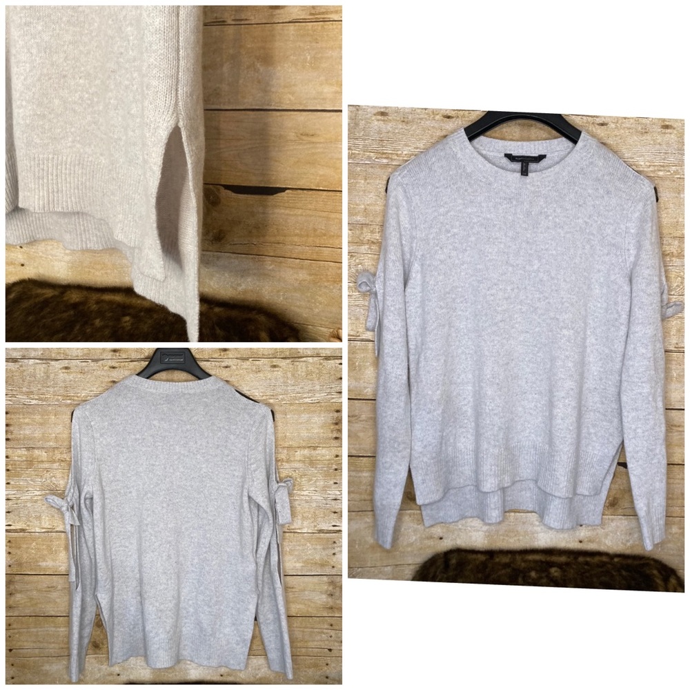 BCBG MAXAZRIA Gray Sweater cold shoulder w/ bow on sleeves hi/low side splits